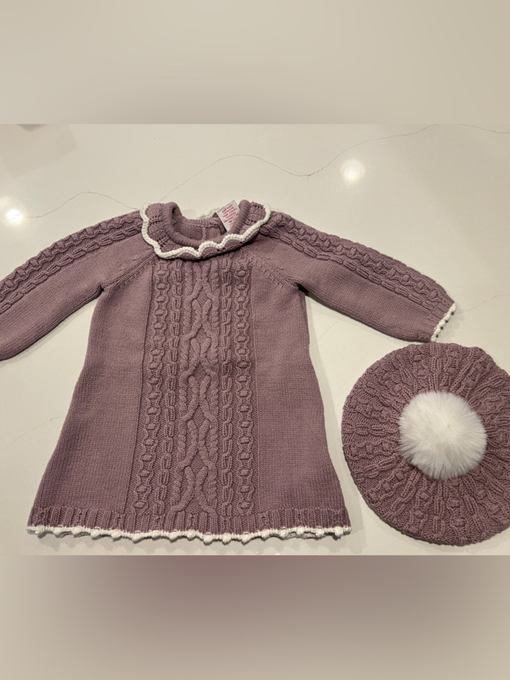 Mauve Cable Knit 12 Month Sweater Dress with White Trim